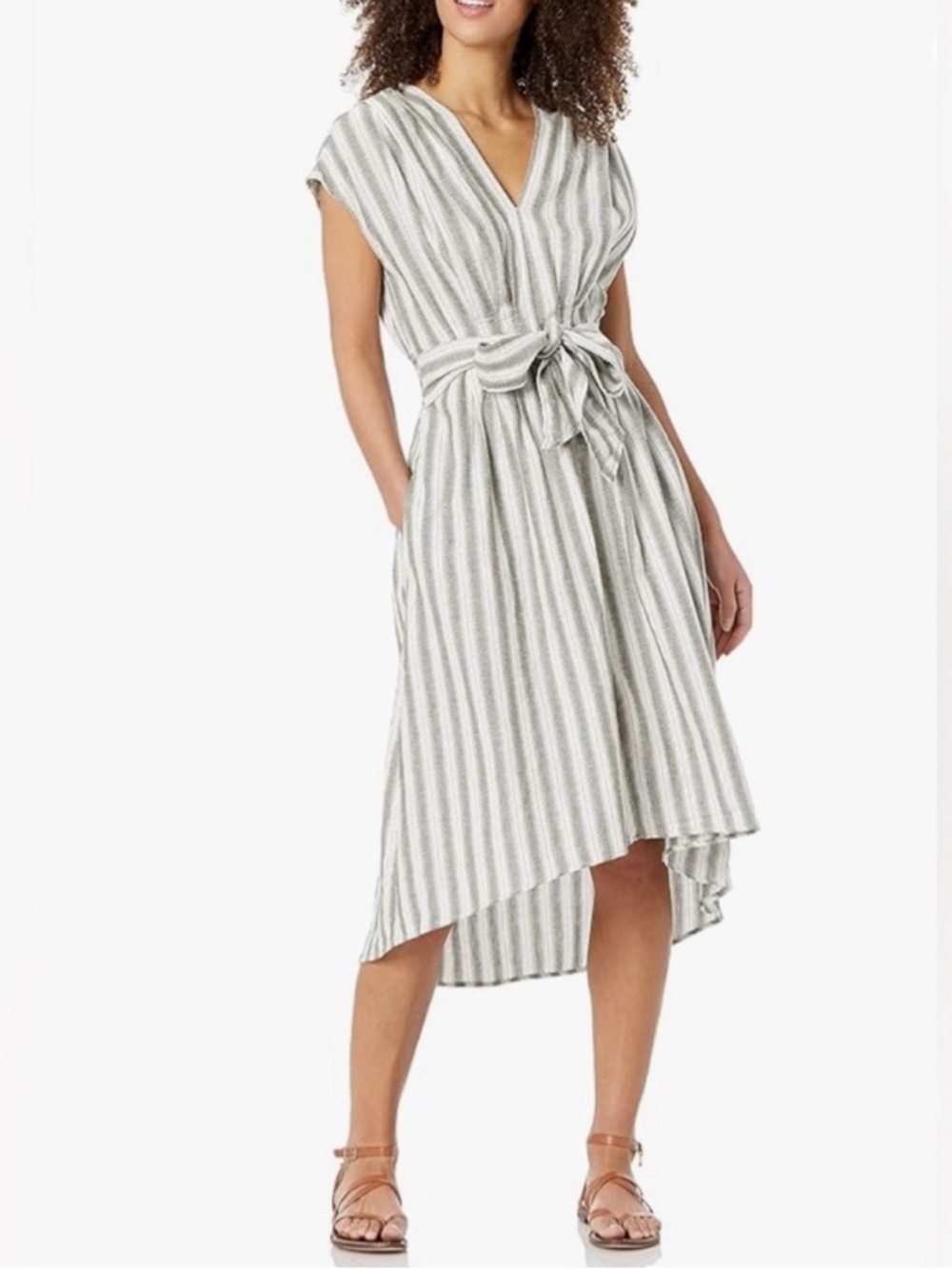Max Studio Dark Gray White Striped High Low Midi Dress Tie Waist V Neck Size M